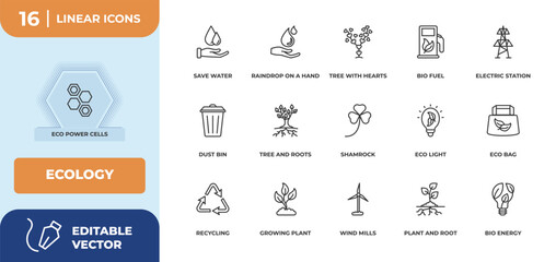 outline icons set - ecology concept. eco power cells, save water and more.