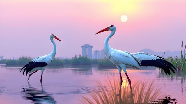 Bird behaviour in the nature grass habitat with nice sunset color