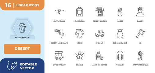 outline icons set - desert concept. wooden coffin, cattle skull and more.
