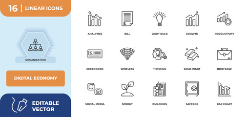 outline icons set - digital economy concept. organization, analytics and more.