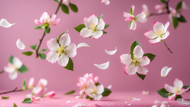 Fresh quince blossom, lovely pink flowers floating in the air against a pink background. Zero gravity or levitation, spring flowers concept.