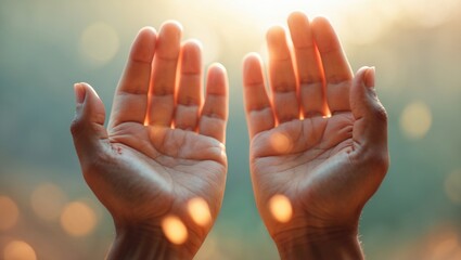 Human hands open palm up in worship, praying with faith and belief in God, reaching out to the sky. Concept of religion and spirituality with the belief in the power of hope, love, and devotion. Fi...
