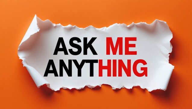 Image title: "AMA ask me anything logo. Concept phrases on a vibrant orange backdrop. Business and concept. Space for text."