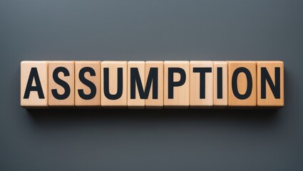 Assumption - letters from wooden blocks forming words, no evidence required to accept as true assumption idea, overhead view on gray surface.