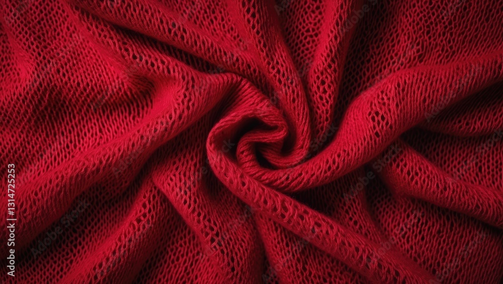 Poster Close-up view of knitted wool fabric featuring a dots pattern. Crumpled bright red knitting wool texture. Abstract backdrop of openwork knitted jersey fabric.