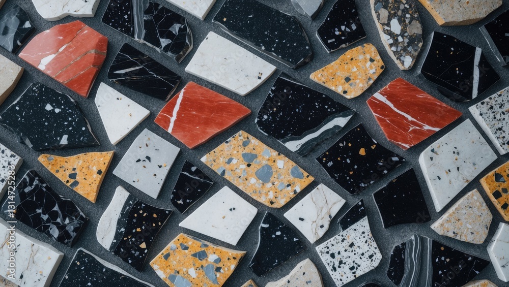 Poster marble chip material forms terrazzo. terrazzo marble is akin to pavement and ancient mosaics. design