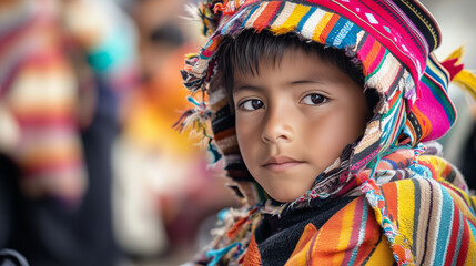 Fototapeta premium A photo of a young Quechua boy wearing a traditional poncho and headdress, watching the Inti Raymi Festival with admiration