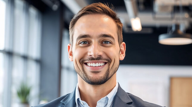 potrait male employee smiling with blurred background of workspace 