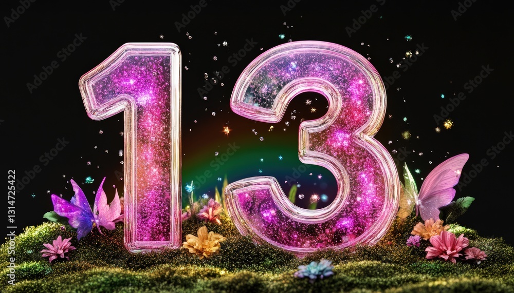 Aufkleber animated digital representation of the number 13 with sparkling particles and fairy-like butterflies