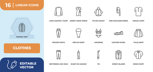 outline icons set - clothes concept. padded vest, long sleeves t shirt and more.