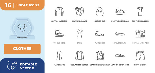 outline icons set - clothes concept. peplum top, cotton cardigan and more.