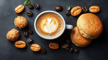 Breakfast coffee with pastry, food photo for web design backgrounds