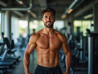 Muscular man smiling and showing his abs in a fitness center