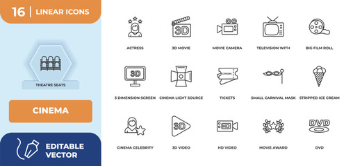 Naklejka premium outline icons set - cinema concept. theatre seats, actress and more.