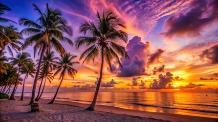 Vibrant Sunset Over Tropical Beach with Silhouetted Palm Trees
