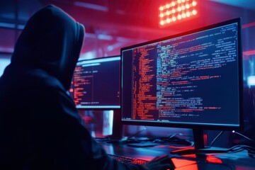 Hacker at computer screen. Digital data analysis, cybersecurity threat. Concept for privacy protection, financial crimes. Software development for network security.