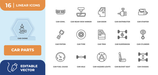 outline icons set - car parts concept. car choke, car cowl and more.