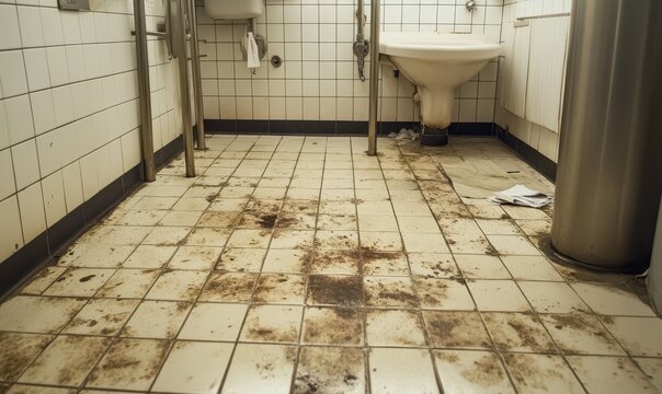 Dirty restroom floor with stains and debris in a public bathroom showcasing poor sanitation and cleanliness issues in urban environments.