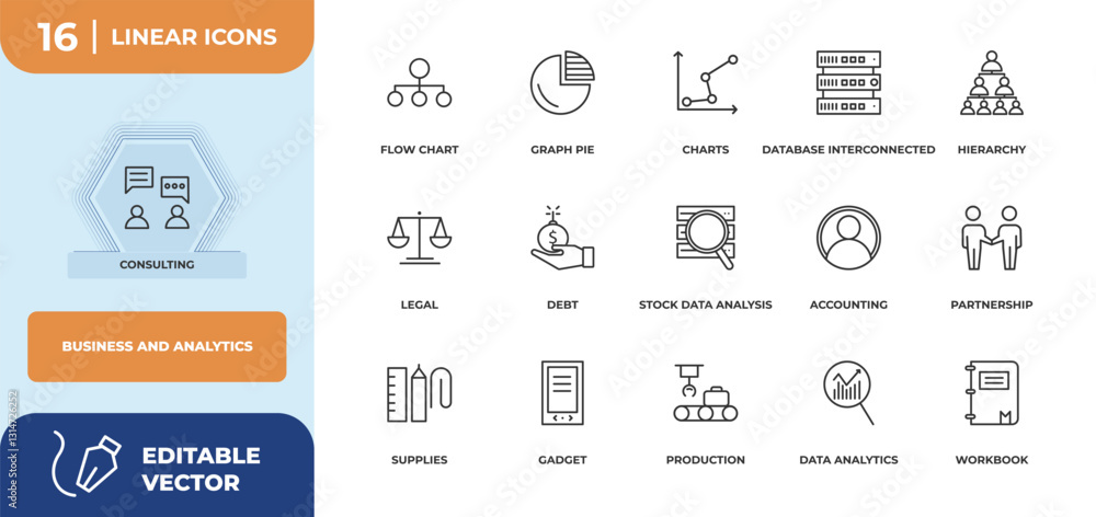 Poster outline icons set - business and analytics concept. consulting, flow chart and more.