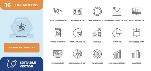 outline icons set - business and analytics concept. radar chart, market research and more.