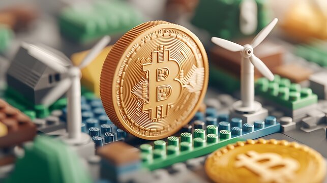 Cryptocurrency growth bitcoin and renewable energy digital economy modern technology urban setting close-up perspective