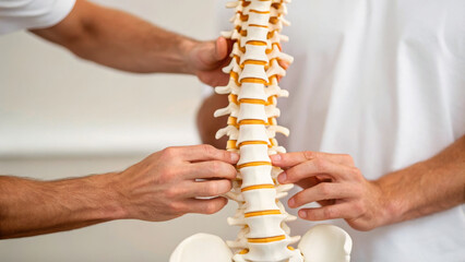 Fototapeta premium Hands adjusting spinal alignment model, demonstrating anatomy and health. This close up highlights importance of spinal care and education in physical therapy