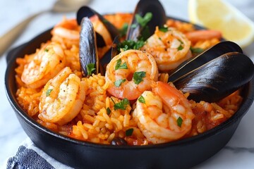 A mini paella served in a small cast-iron pan, with shrimp, mussels, and saffron rice