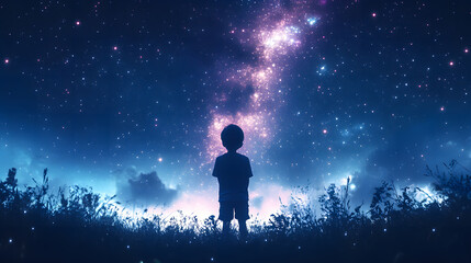 Illustration of a boy looking at night starry sky with glitter glow galaxy flicker above, idea for prayer of hope, love, peace theme,