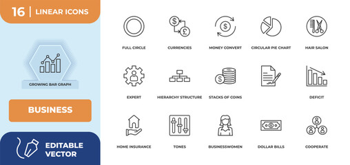 outline icons set - business concept. growing bar graph, full circle and more.