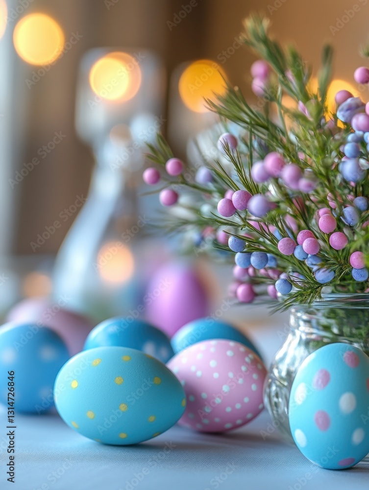 Poster pastel easter eggs and floral arrangement in a glass jar creating a festive spring holiday table set