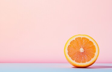 A Sliced Orange on a Pastel Background with Copy Space for Text or Design. Minimal Concept on a Light Pink and Blue Background