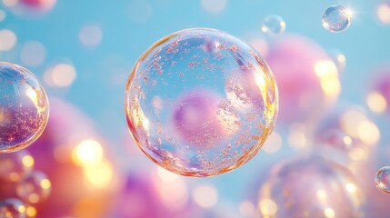 A collection of translucent bubbles of varying sizes, suspended in a soft, gradient background that transitions from warm to cool tones.