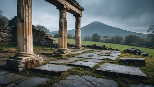 Ancient ruined classical column and stone flagstones set in a rural landscape with a view of a distant mountain. - Powered by Adobe