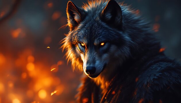 Intense Wolf Staring with Glowing Eyes Surrounded by Fire