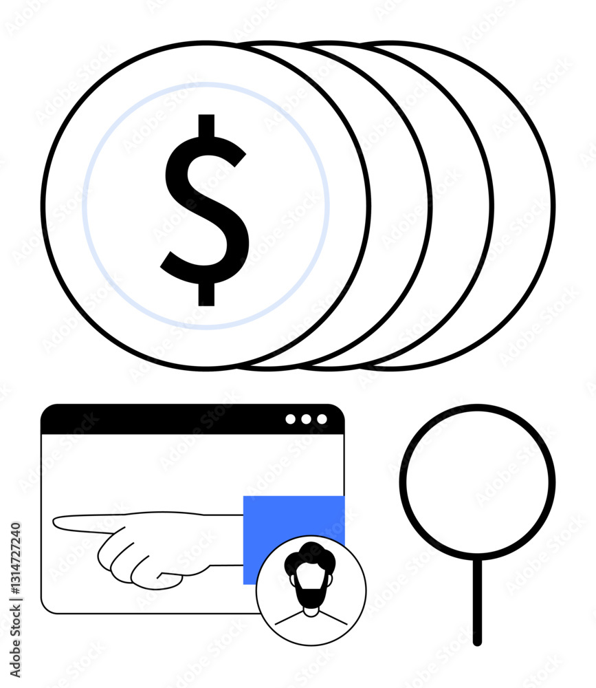 Poster stack of coins with dollar sign, pointing hand inside browser window, search lens, and user profile.