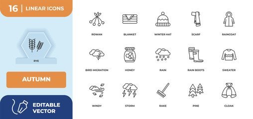 outline icons set - autumn concept. rye, rowan and more.