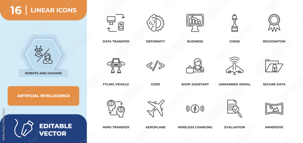 Aufkleber outline icons set - artificial intellegence concept. robots and humans, data transfer and more.