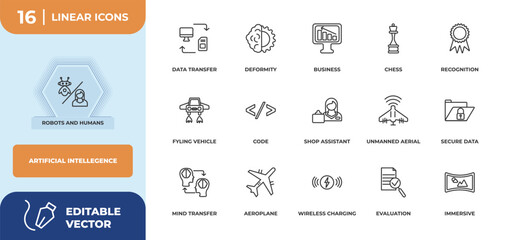 outline icons set - artificial intellegence concept. robots and humans, data transfer and more.