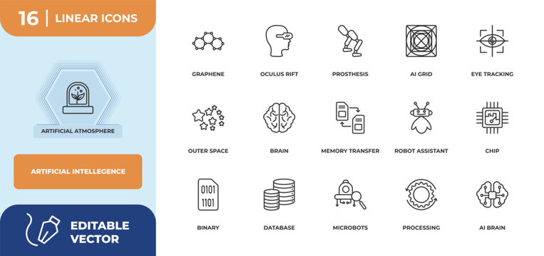 outline icons set - artificial intellegence concept. artificial atmosphere, graphene and more.