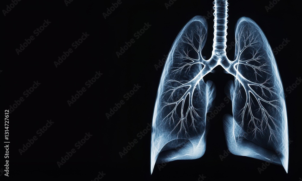 Poster a detailed x-ray image of human lungs showing intricate branching structures against a dark backgrou