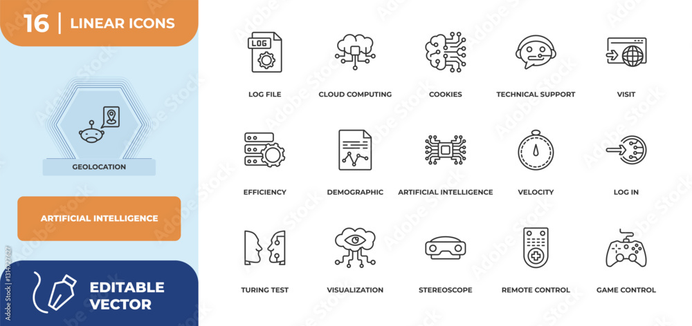 Poster outline icons set - artificial intelligence concept. geolocation, log file and more.