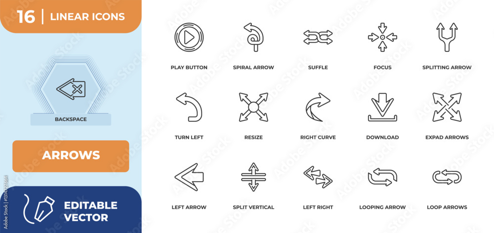 Poster outline icons set - arrows concept. backspace, play button and more.