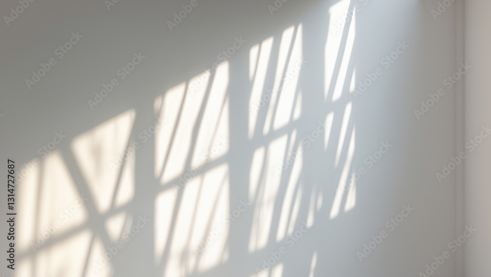 Poster Overlay effect for photographs and mockups. Diagonal organic drop shadow and window light rays on a white wall. Shadows for natural light effects.
