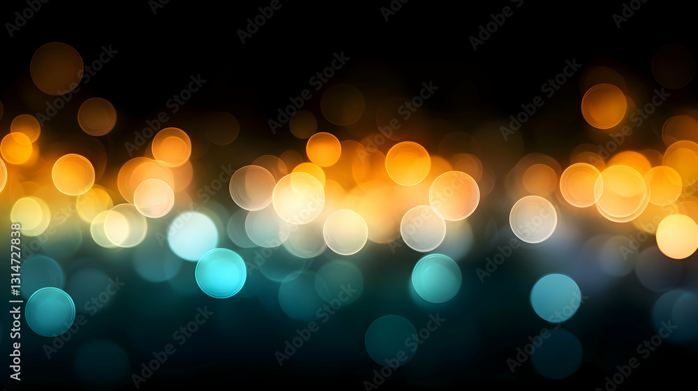 Poster abstract bokeh lights background with orange and turquoise gradient on black