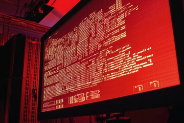 Server room with active data, information on screen. Futuristic information technologies used for data processing and storage. Cyber security for system safety.