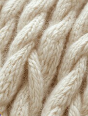 Captivating close up of cream colored cable knit wool texture showcasing intricate design and soft fibers creating a cozy and warm visual appeal