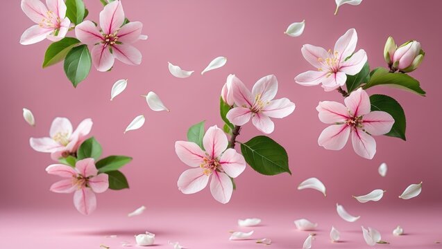 Fresh quince blossom, elegant pink flowers drifting in the air against a pink background. Zero gravity or levitation, spring flowers concept, high-resolution image.
