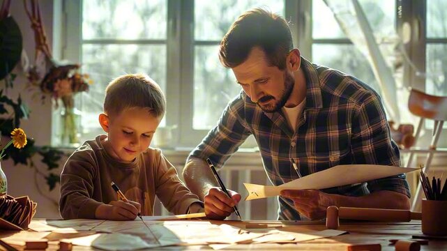Father and son engaged in creative woodworking project together in a sunlit home workshop. Concept of hands-on learning and quality family time