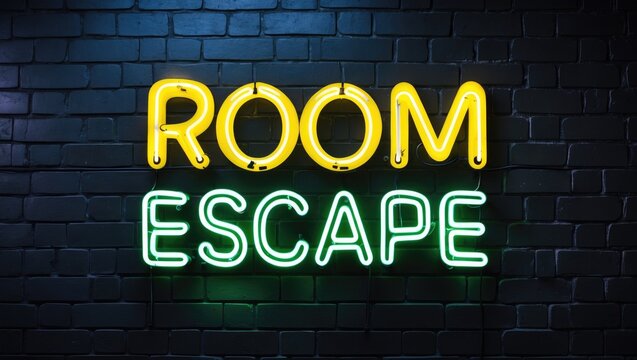 Neon sign for room escape on a brick wall backdrop
