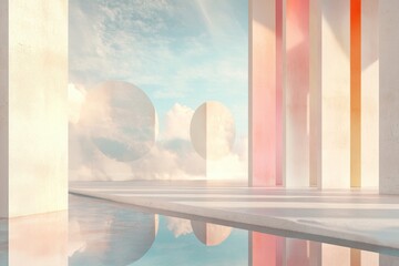 Abstract architectural scene with vibrant sky reflections